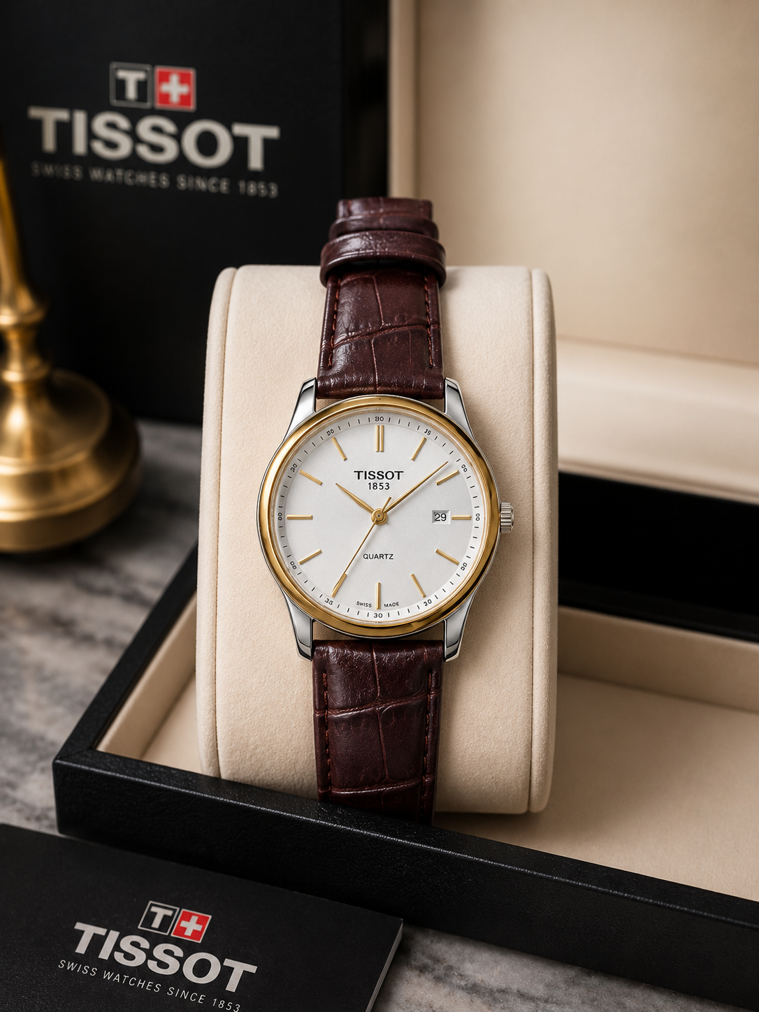 Tissot 1853 Classic Quartz Watch | White Dial | Brown Leather Strap | Premium Men's Dress Watch