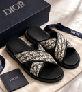 Dior Oblique Cross-Strap Luxury Slippers – Black & Beige Premium Slides