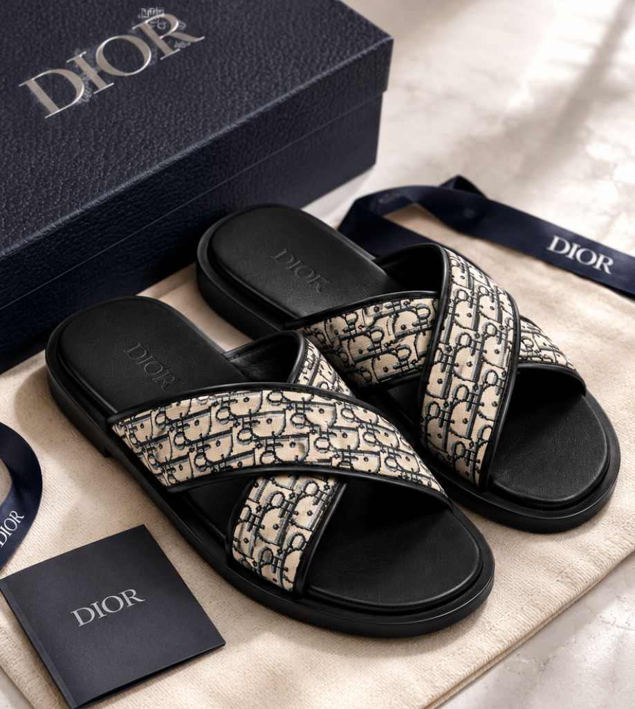 Dior Oblique Cross-Strap Luxury Slippers – Black & Beige Premium Slides