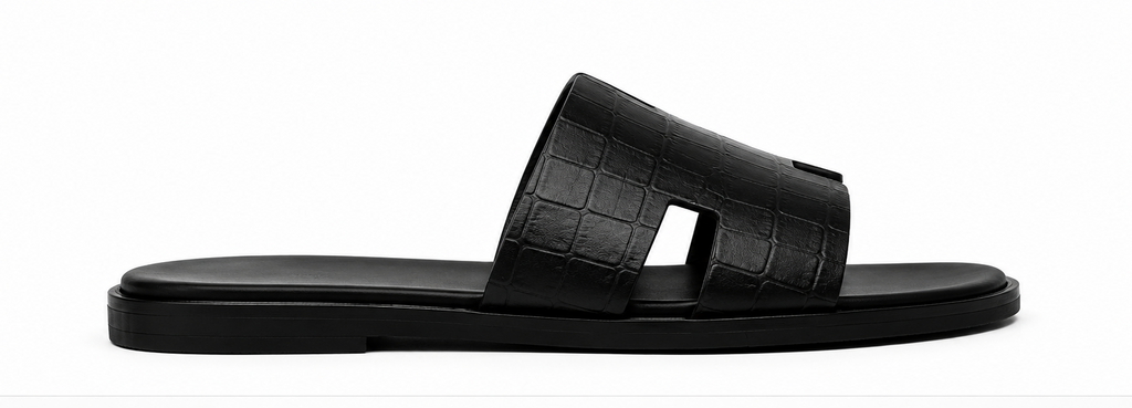 Hermes Crocodile-Texture H Slide Slippers – Premium Black Luxury Slides