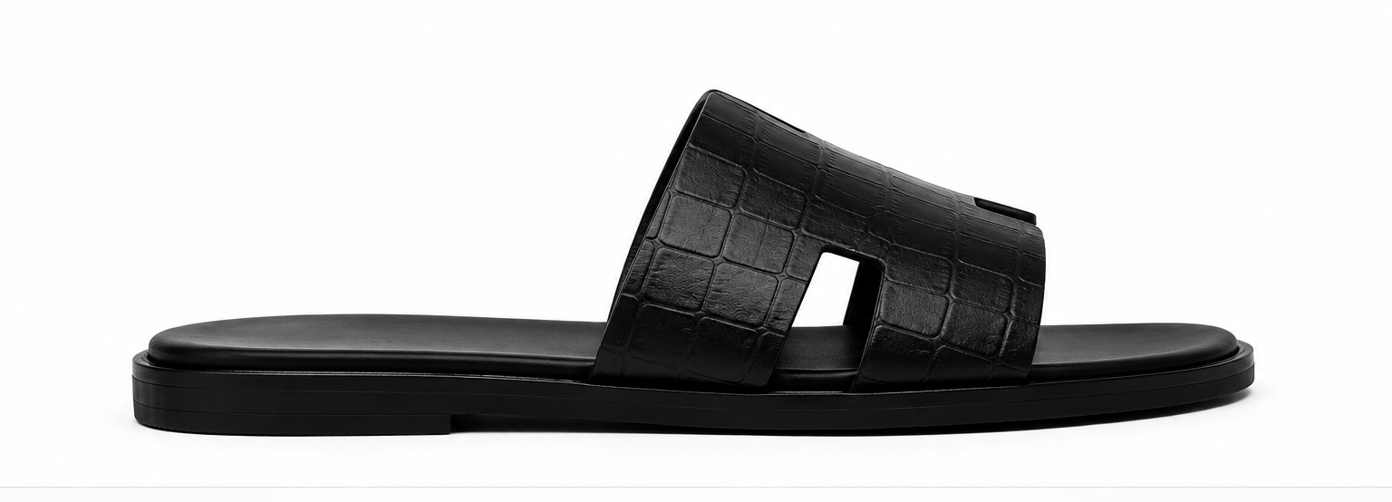 Hermes Crocodile-Texture H Slide Slippers – Premium Black Luxury Slides