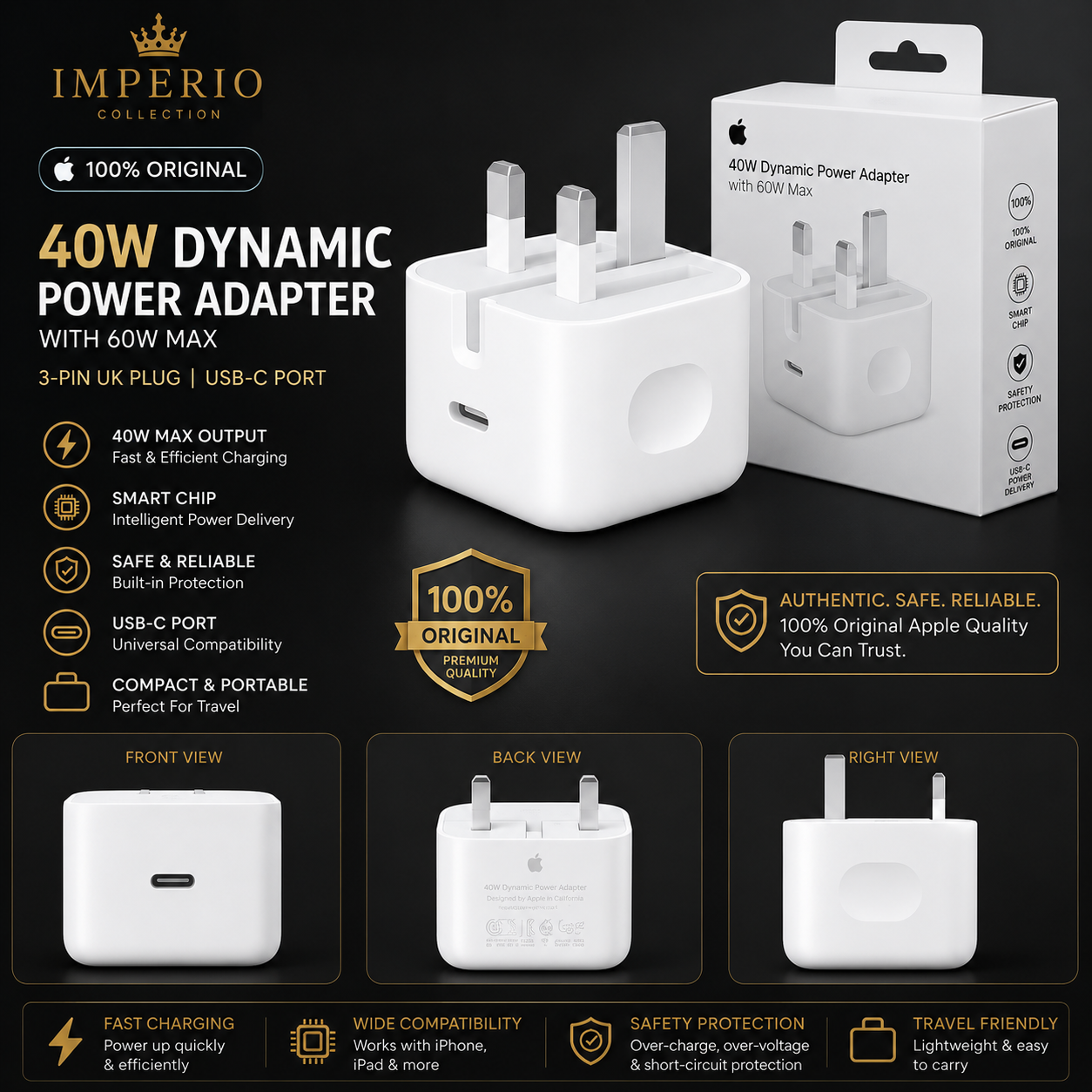 Apple 3-Pin USB-C Power Adapter 20W/40W Fast Charger | 100% Original |