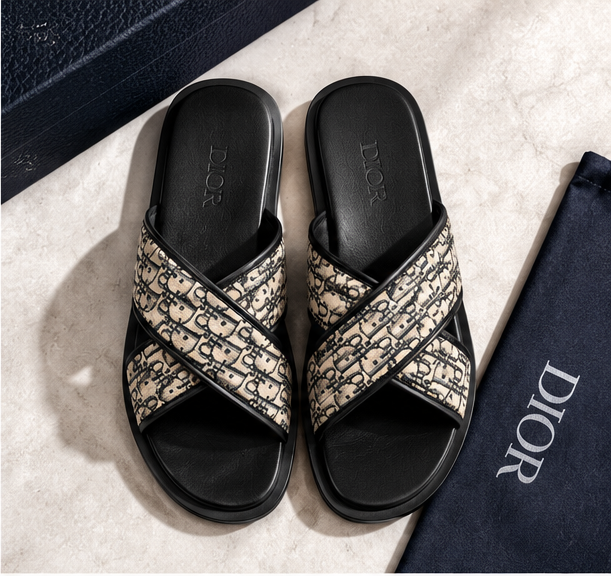 Dior Oblique Cross-Strap Luxury Slippers – Black & Beige Premium Slides