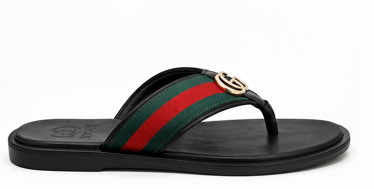 Gucci Men's Black Web Stripe Thong Sandals with Double G Logo