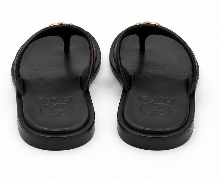 Gucci Men's Black Web Stripe Thong Sandals with Double G Logo