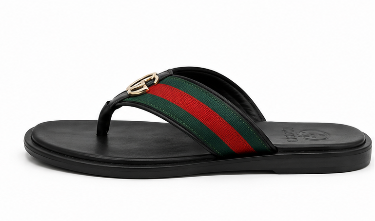 Gucci Men's Black Web Stripe Thong Sandals with Double G Logo