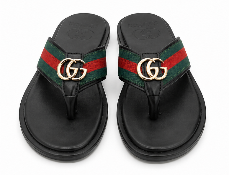 Gucci Men's Black Web Stripe Thong Sandals with Double G Logo
