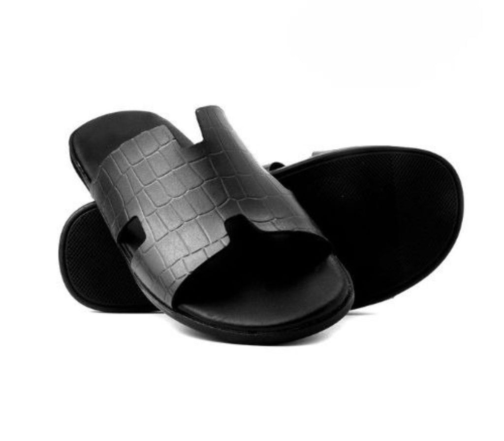 Hermes Crocodile-Texture H Slide Slippers – Premium Black Luxury Slides