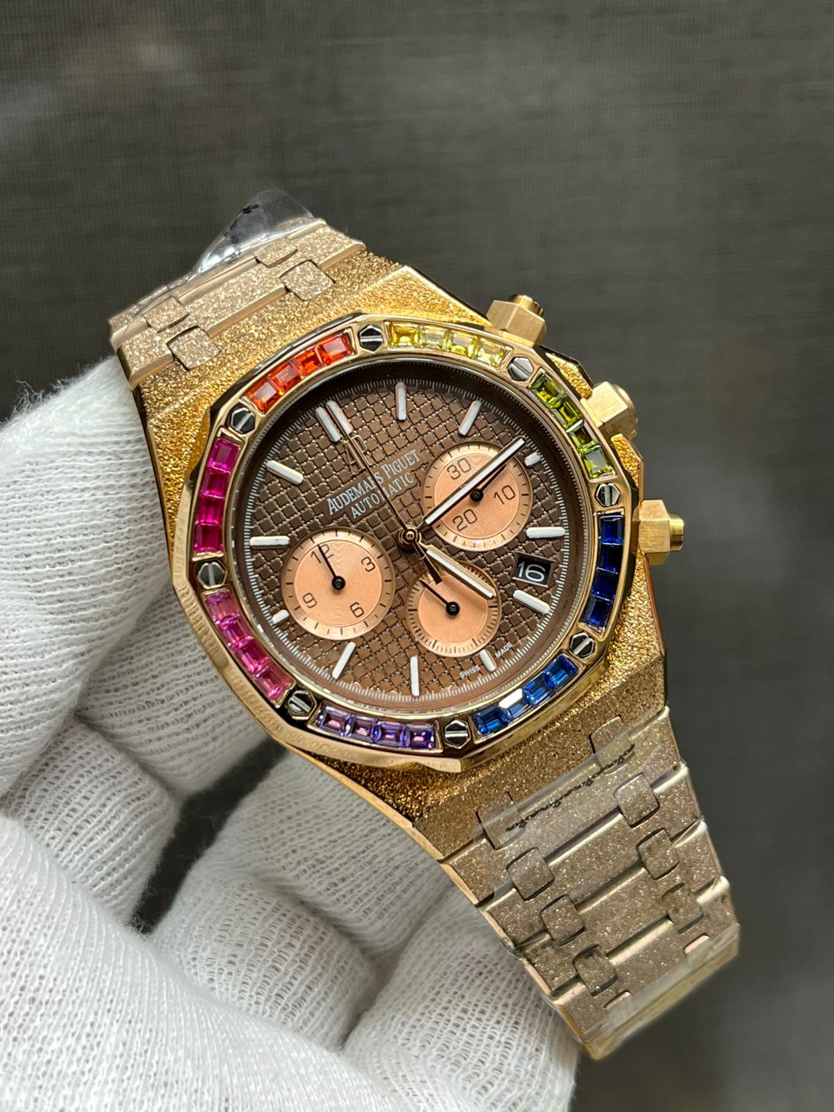 Audemars Piguet Royal Oak Automatic Chronograph “Rainbow Bezel” – Frosted Gold Edition