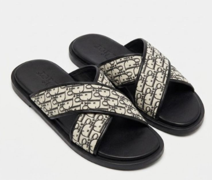 Dior Oblique Cross-Strap Luxury Slippers – Black & Beige Premium Slides